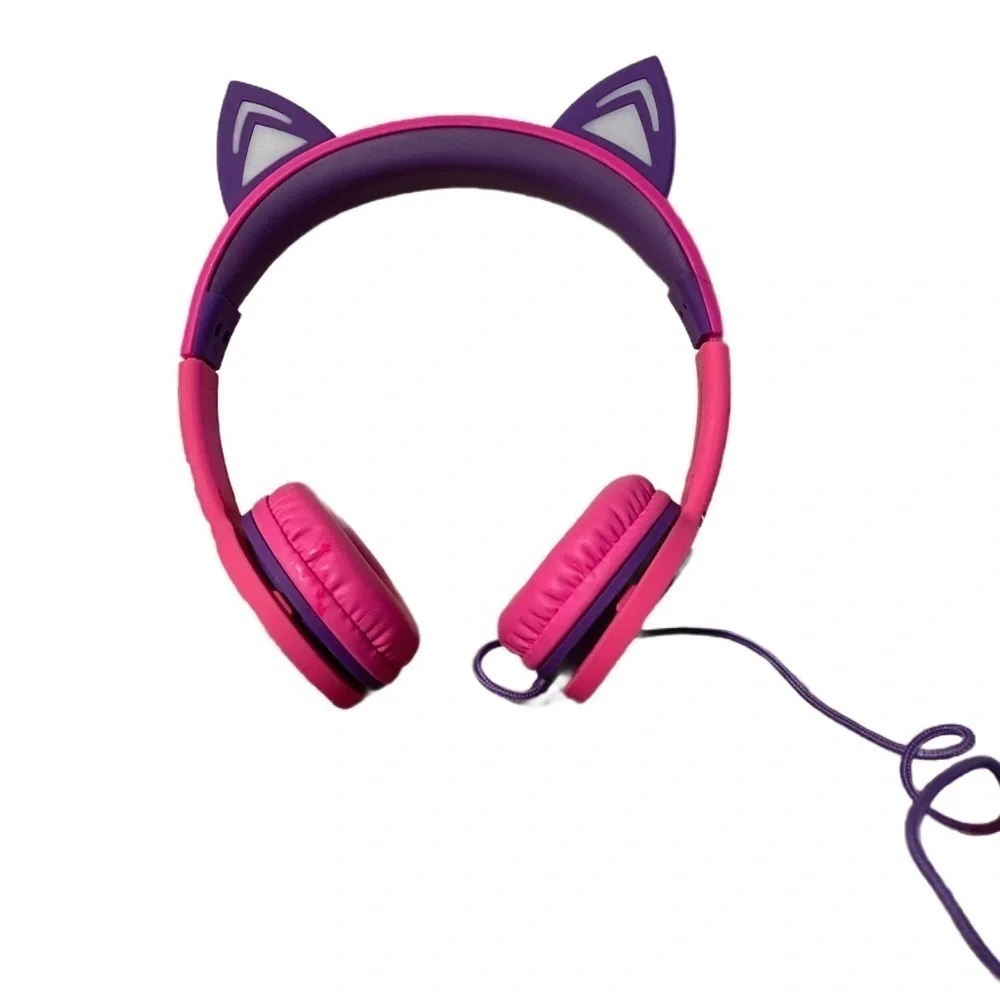 Kids Headphones LED Cat Ears On-Ear Wired Laced Tangle-Free Cables Girls Travel